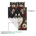 Alaskan Malamute quilt showing the printed floral side and white quilted reverse in a construction detail view