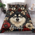 Alaskan Malamute floral quilt blanket styled across a bedroom with a large dog portrait and flower pattern