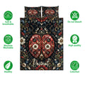 Ladybug quilt bedding set displayed flat with floral motifs and soft breathable feature icons