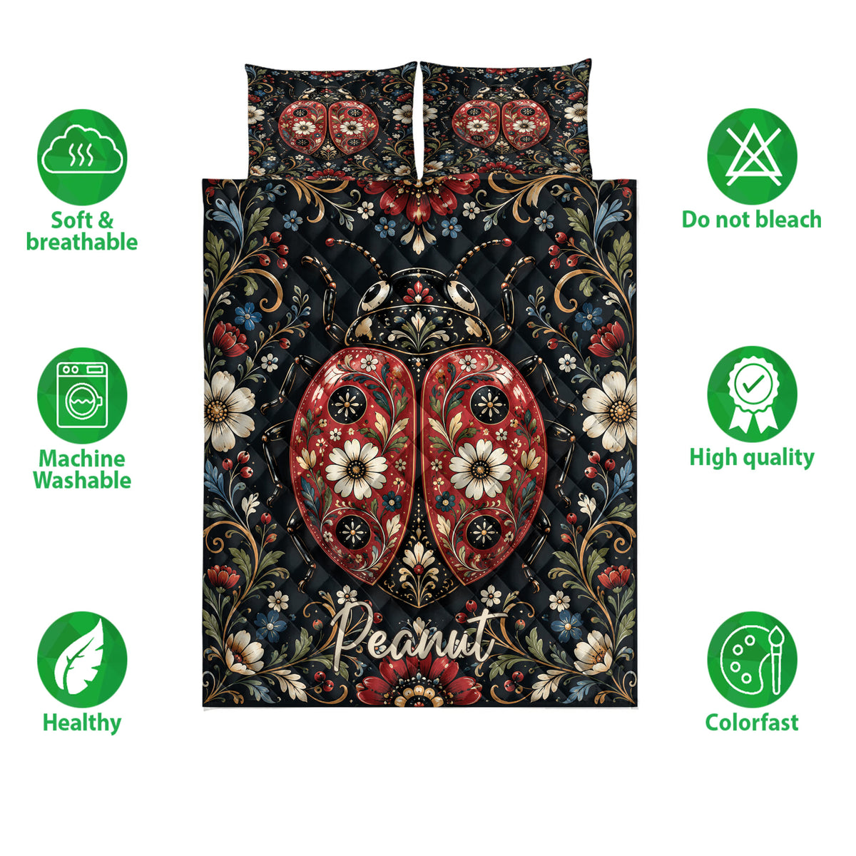 Ladybug quilt bedding set displayed flat with floral motifs and soft breathable feature icons
