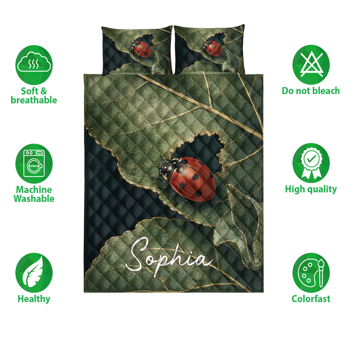 Ladybug quilt bedding set shown front-facing with leafy artwork and green feature icons