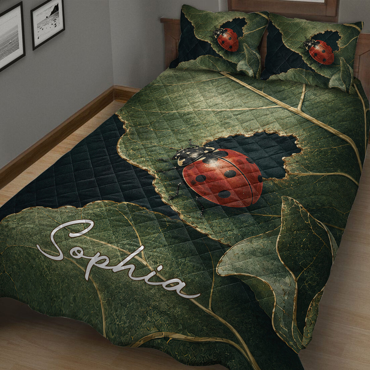 Close bedroom view of a ladybug quilt blanket featuring detailed leaves and red beetles