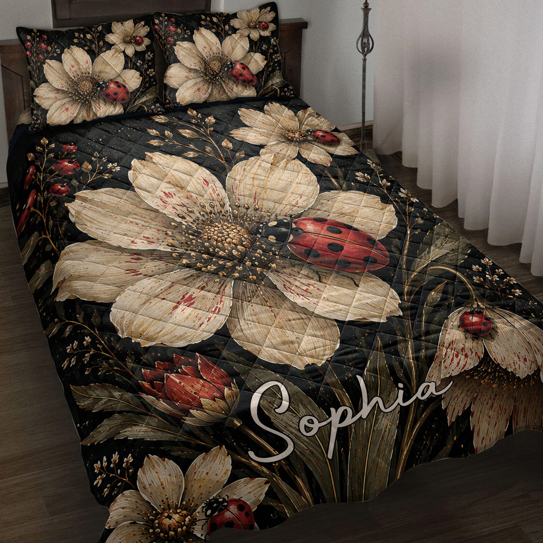 Ladybug quilt blanket displayed on a bed with cream flowers, red insects, and a dramatic black floral background