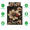 Ladybug floral quilt bedding displayed with feature icons highlighting softness, breathability, and colorfast artwork