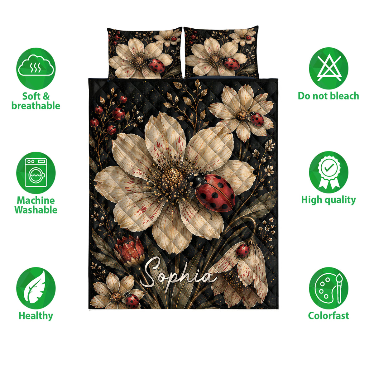 Ladybug floral quilt bedding displayed with feature icons highlighting softness, breathability, and colorfast artwork