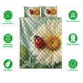 Ladybug quilt bedding set with floral artwork shown alongside softness, washability, and color quality icons