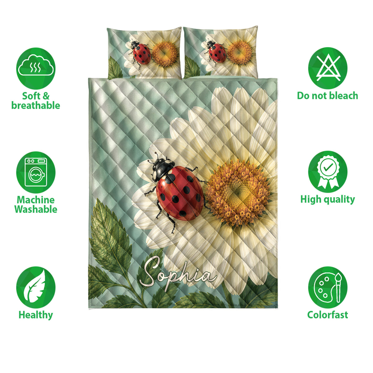 Ladybug quilt bedding set with floral artwork shown alongside softness, washability, and color quality icons