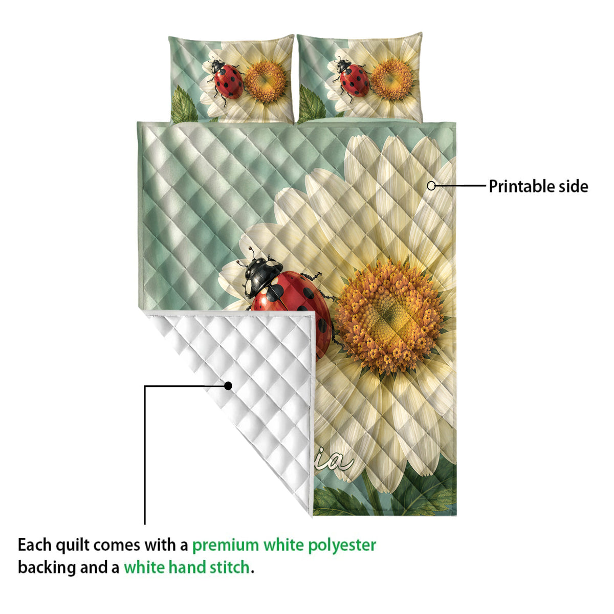 Ladybug floral quilt showing the printed front, white quilted backing, and stitched construction