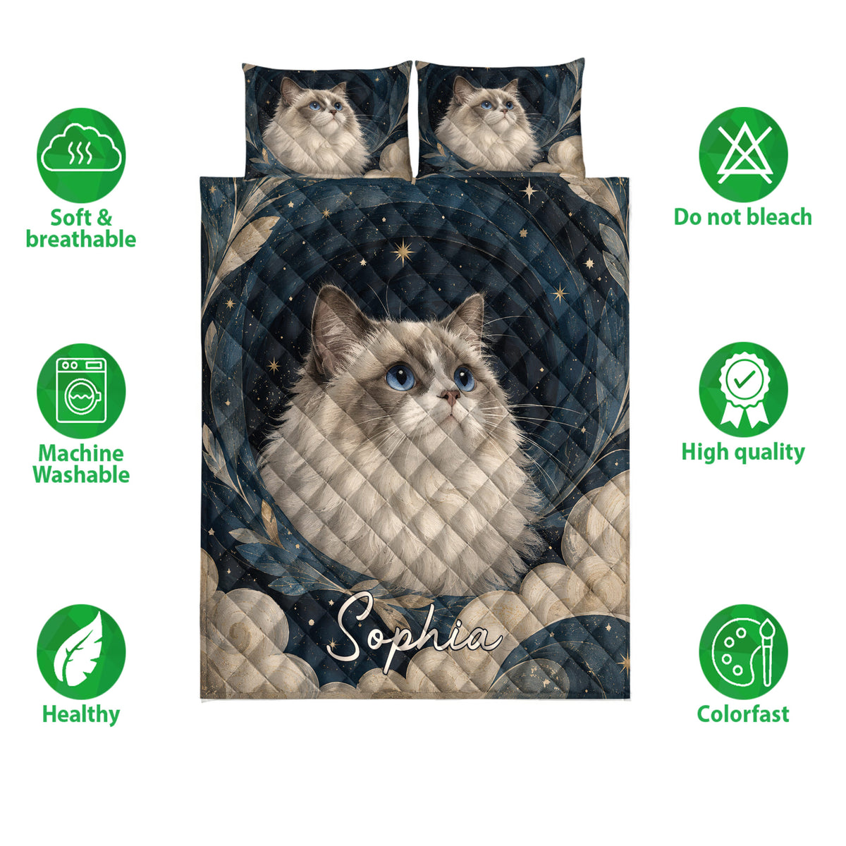 Ragdoll cat quilt bedding set shown with cat artwork, starry blue design, and product feature icons