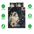 Ragdoll cat quilt bedding set shown with floral artwork and product feature icons
