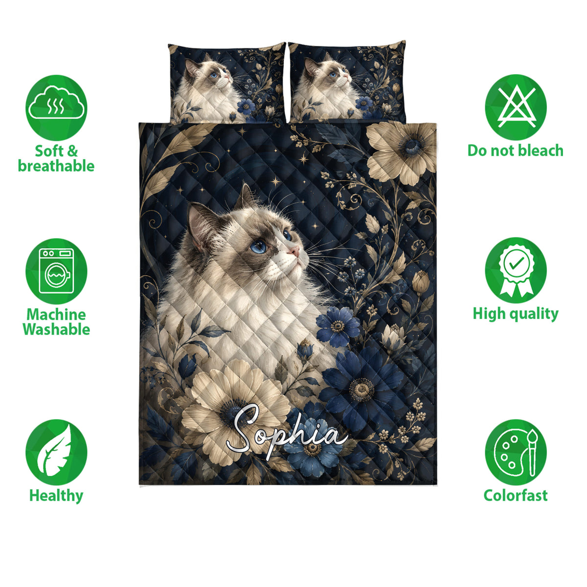 Ragdoll cat quilt bedding set shown with floral artwork and product feature icons