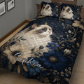 Ragdoll cat quilt blanket displayed on a bed with botanical flowers and deep blue floral details
