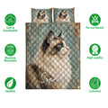 Ragdoll cat quilt bedding set shown with matching pillow designs and a teal vintage-style background