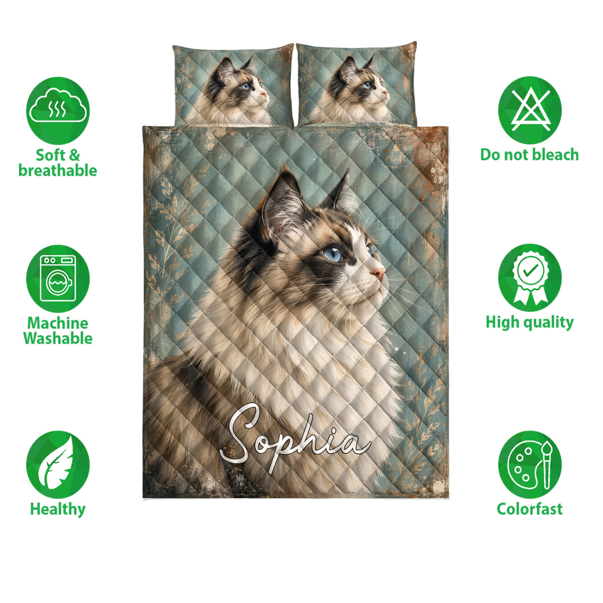 Ragdoll cat quilt bedding set shown with matching pillow designs and a teal vintage-style background