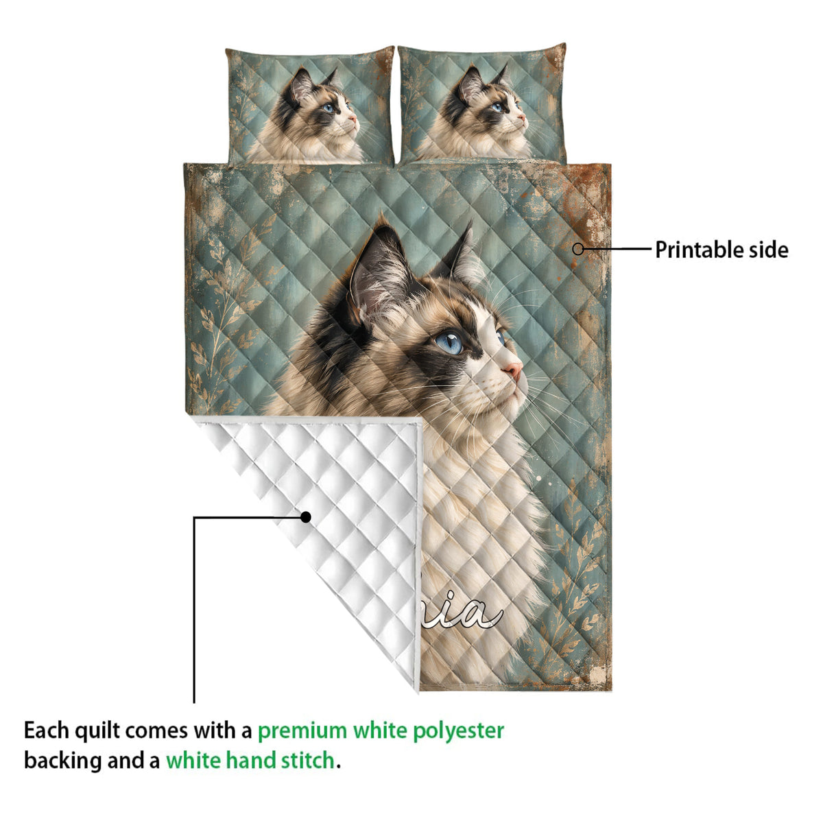 Ragdoll cat quilt showing the printed front artwork and white diamond-stitched backing detail