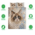 Ragdoll cat quilt bedding set shown with soft care feature icons and coordinated cat pillow artwork