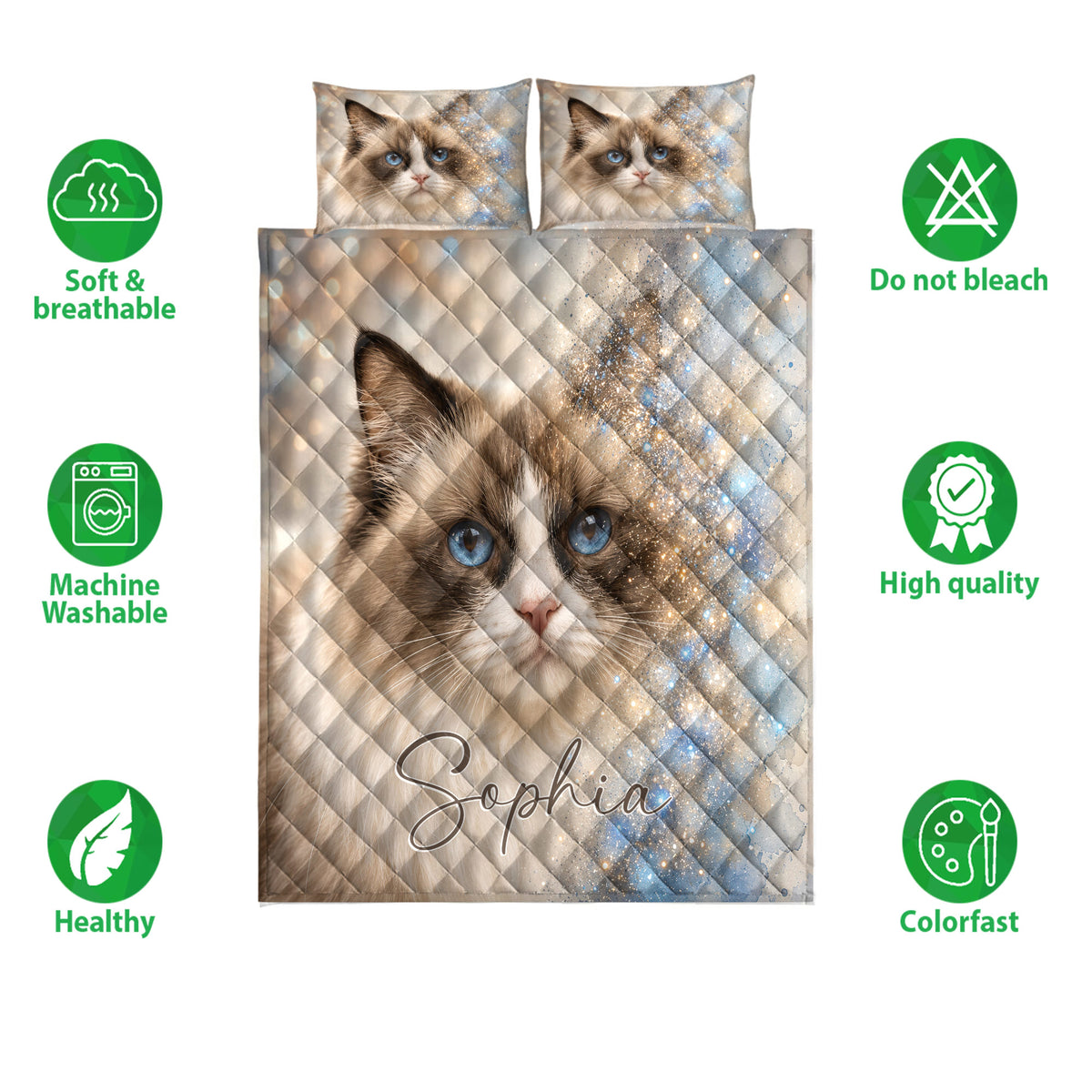 Ragdoll cat quilt bedding set shown with soft care feature icons and coordinated cat pillow artwork