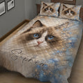 Ragdoll cat quilt bedding displayed on a bed with galaxy-inspired blue and gold sparkle details