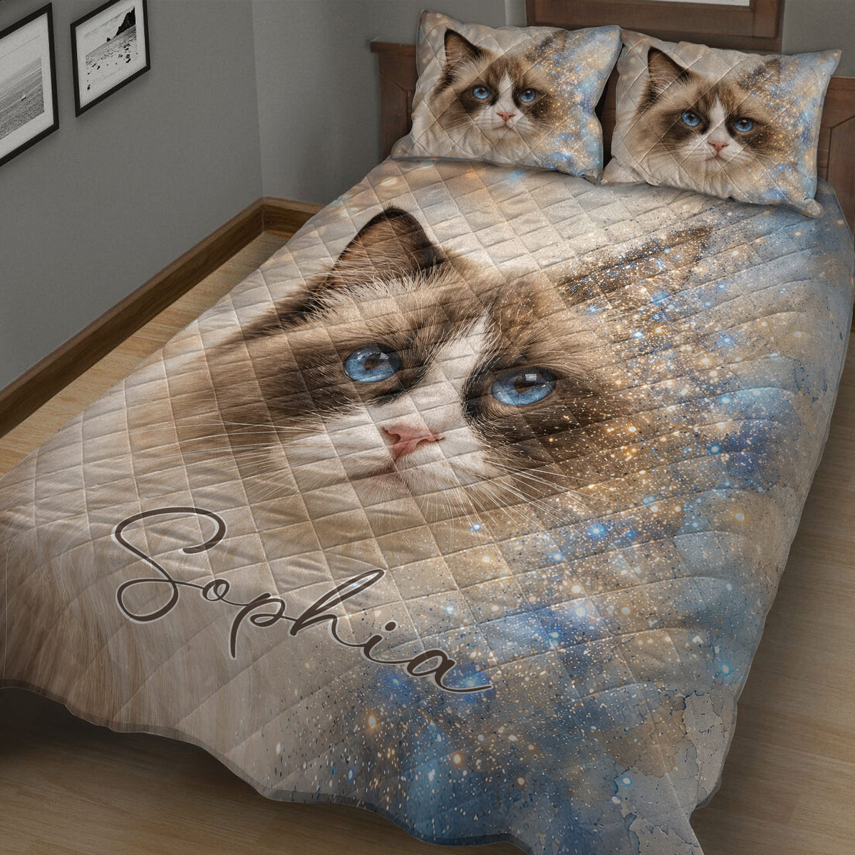 Ragdoll cat quilt bedding displayed on a bed with galaxy-inspired blue and gold sparkle details