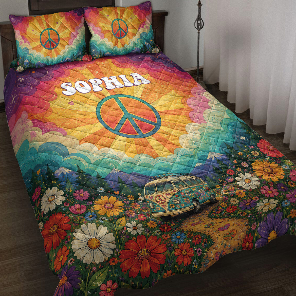 Hippie quilt blanket on a bed with peace signs, colorful flowers, mountains, and a retro van