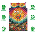 Hippie quilt bedding set display with peace sign artwork, colorful flowers, and retro van design