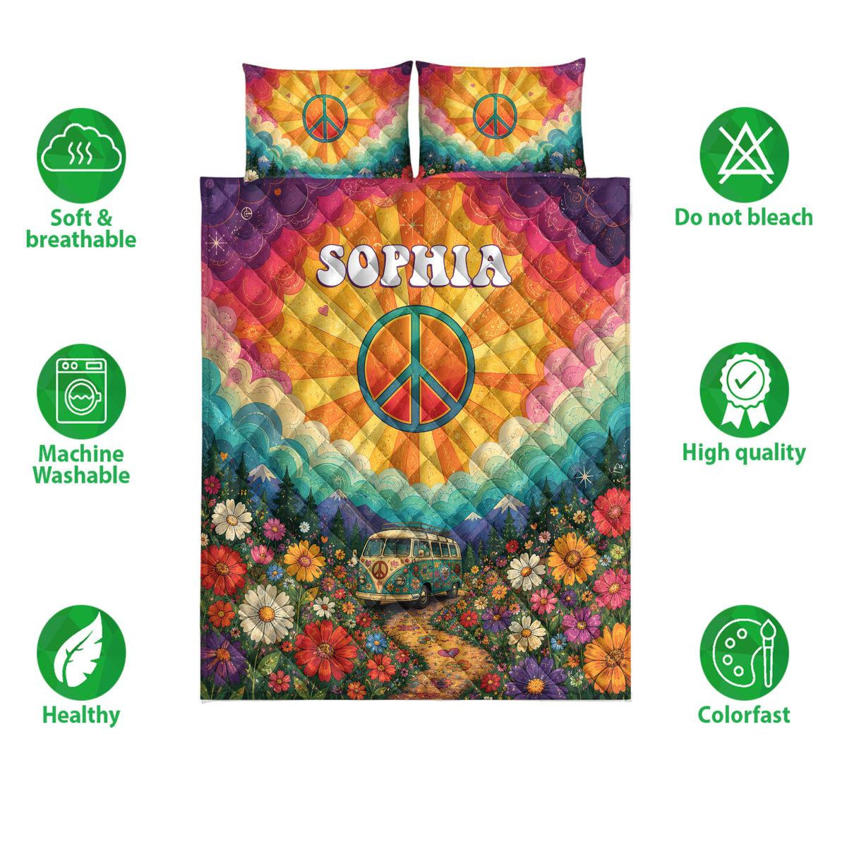 Hippie quilt bedding set display with peace sign artwork, colorful flowers, and retro van design
