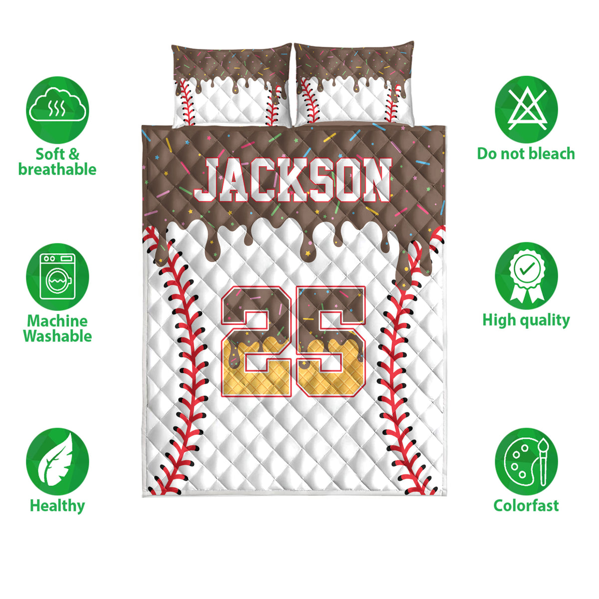 Baseball quilt bedding set shown with coordinating pillow designs and illustrated baseball stitching details