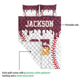 Baseball quilt close-up showing the printed front, white quilted backing, and detailed sports artwork