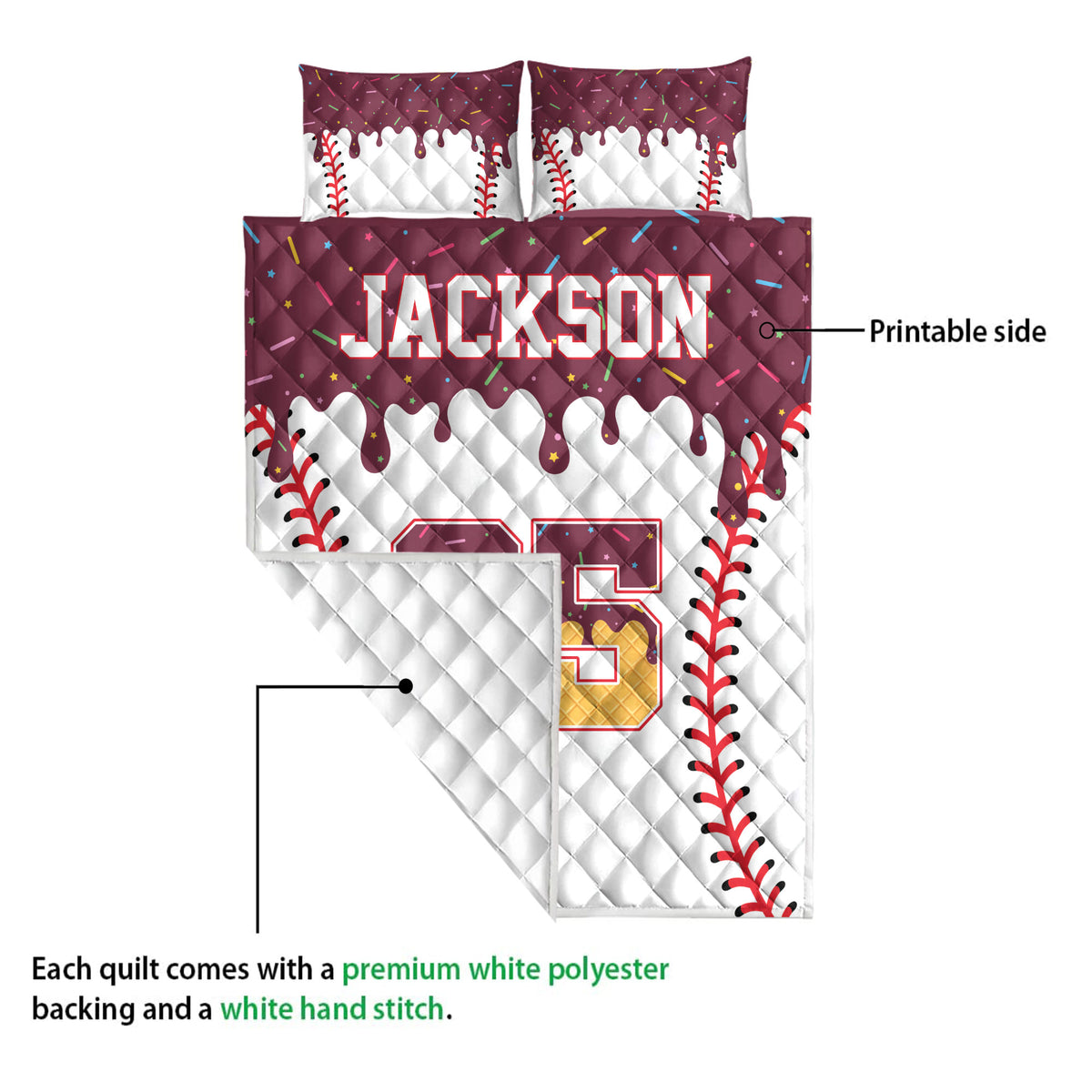 Baseball quilt close-up showing the printed front, white quilted backing, and detailed sports artwork