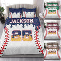 Baseball quilt bedding styled in a bedroom with bold baseball graphics and several color variations