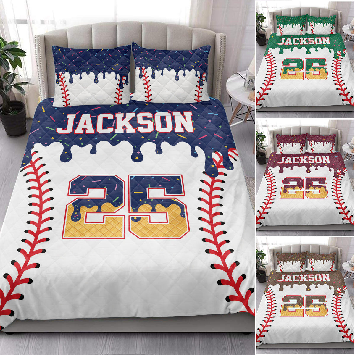Baseball quilt bedding styled in a bedroom with bold baseball graphics and several color variations