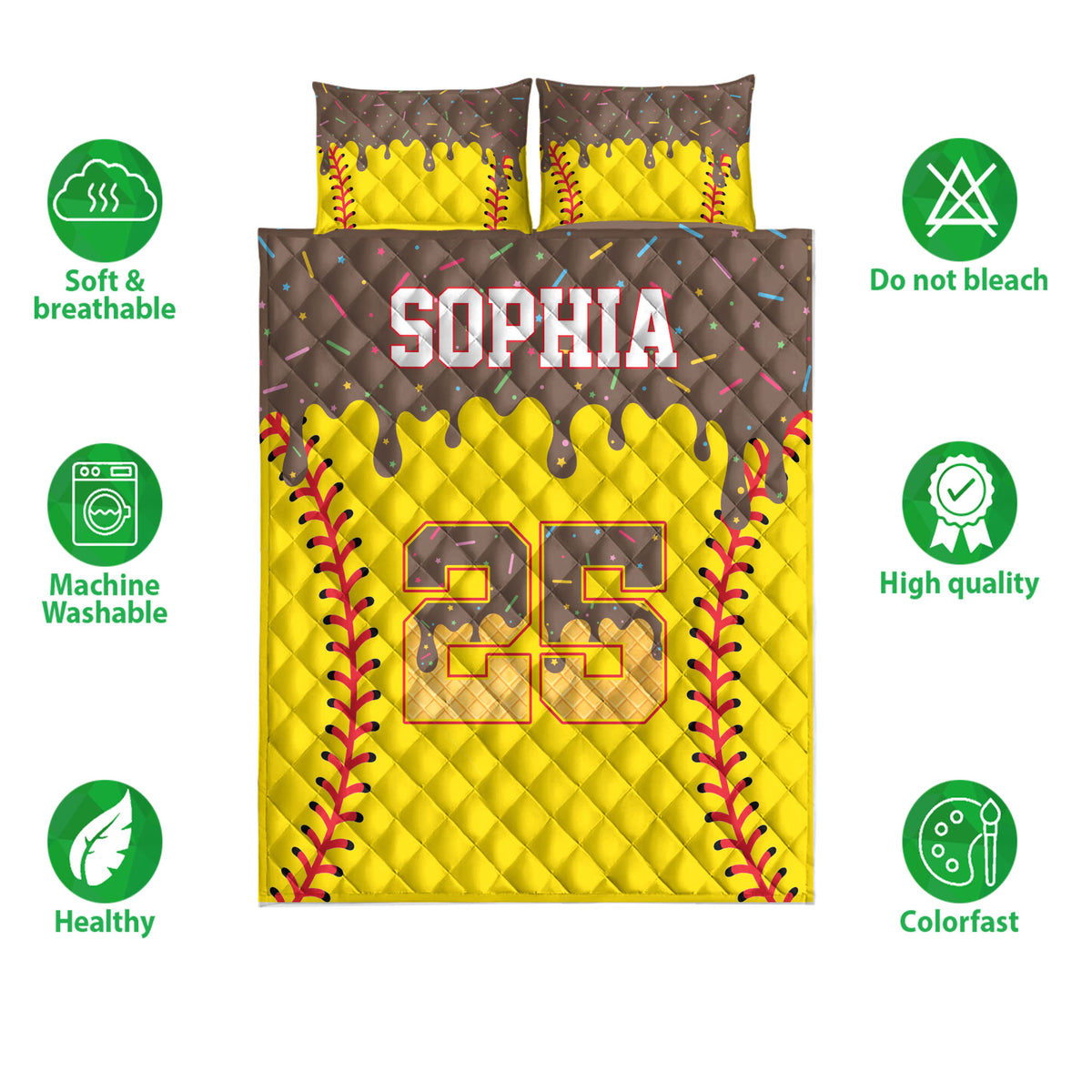 Softball bedding set shown against a white background with bold yellow and brown artwork