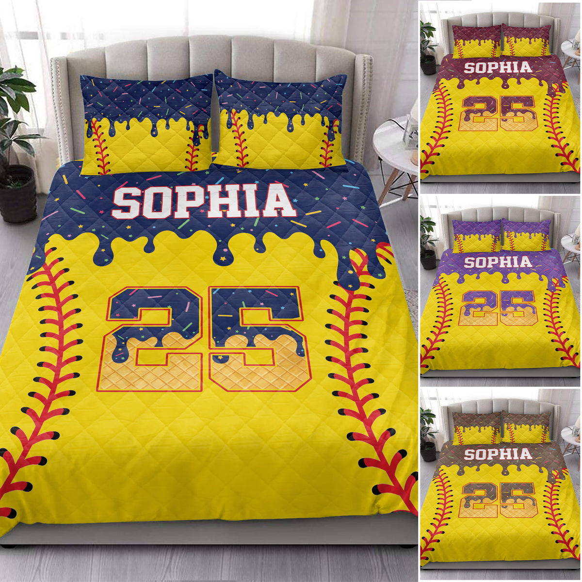 Softball bedroom decor featuring a colorful quilt blanket with bold sports graphics