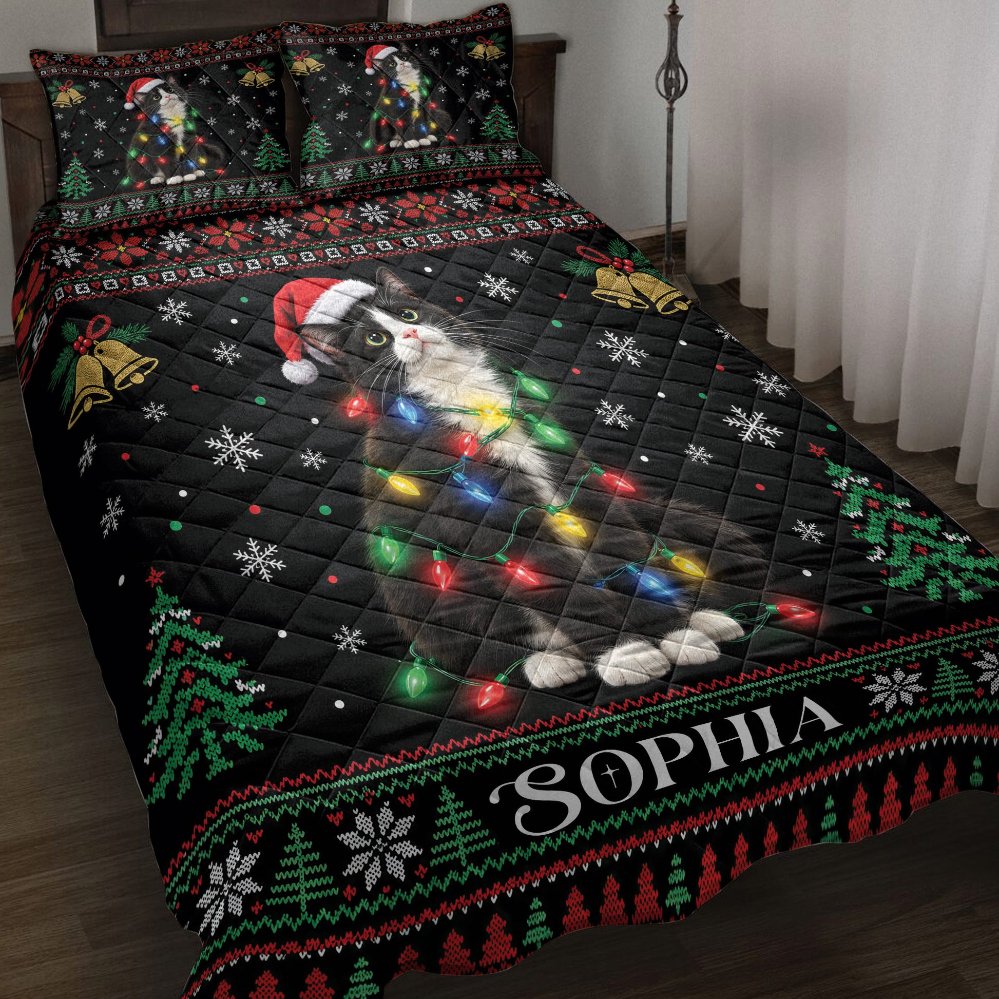 Tuxedo cat quilt blanket displayed on a bed with red plaid, Santa hat, bows, hearts, and Christmas artwork
