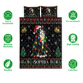 Tuxedo cat Christmas quilt bedding set shown with red plaid artwork and illustrated product feature icons