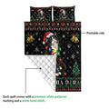 Tuxedo cat quilt blanket showing the printed front, white quilted backing, and festive red plaid design