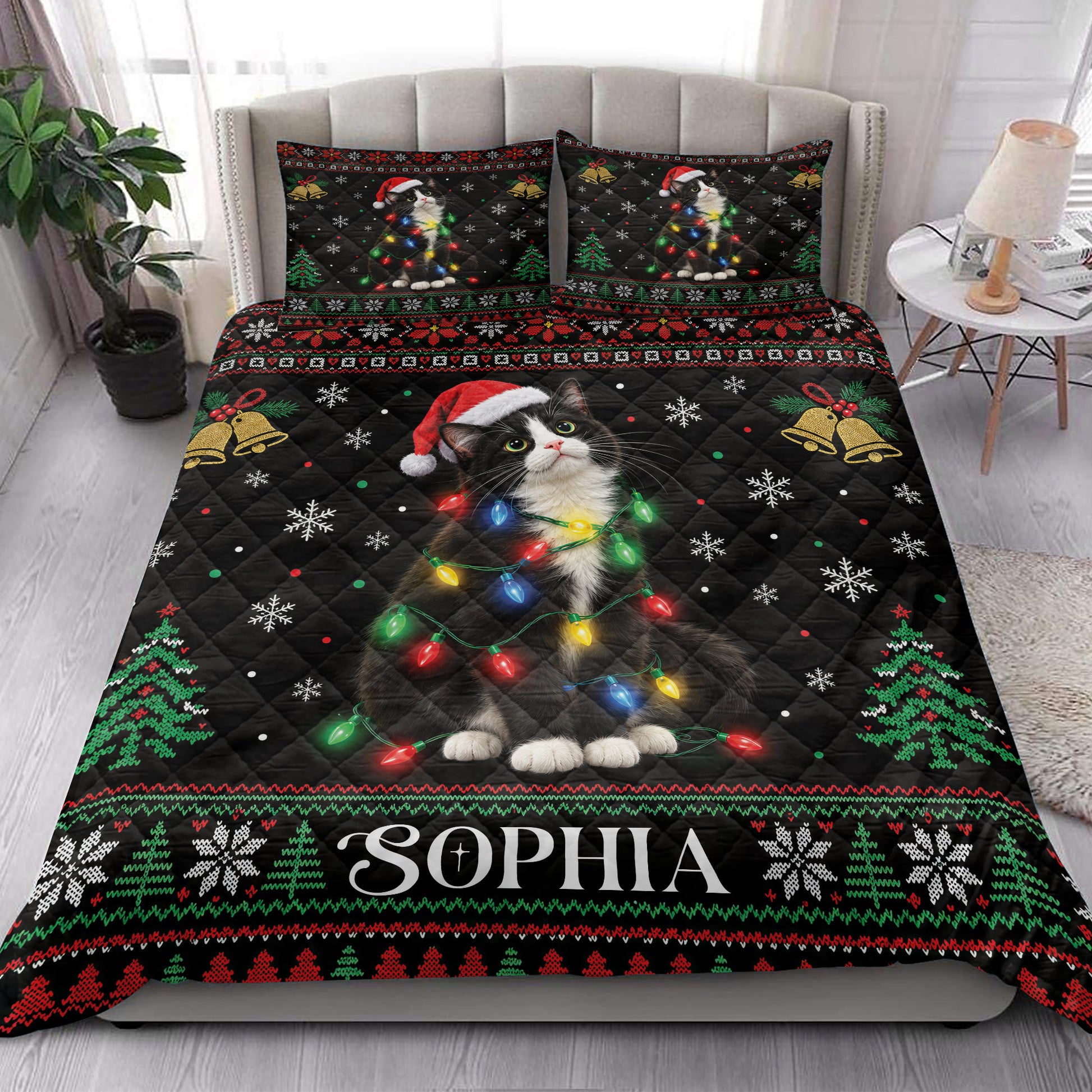 Tuxedo cat Christmas quilt styled in a bright bedroom with red bows, hearts, plaid, and Santa hat artwork