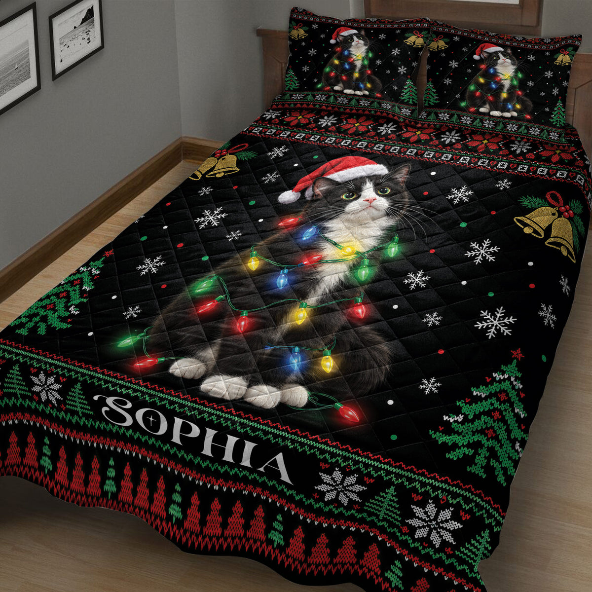 Tuxedo cat quilt blanket spread across a bedroom with red and black plaid, gift bows, and holiday artwork