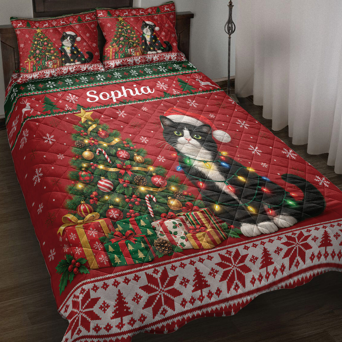 Tuxedo cat quilt blanket displayed on a bed with Santa hats, colorful lights, snowflakes, bells, and Christmas trees