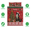 Tuxedo cat quilt bedding set shown front-facing with Christmas lights, snowflakes, bells, and decorative trees
