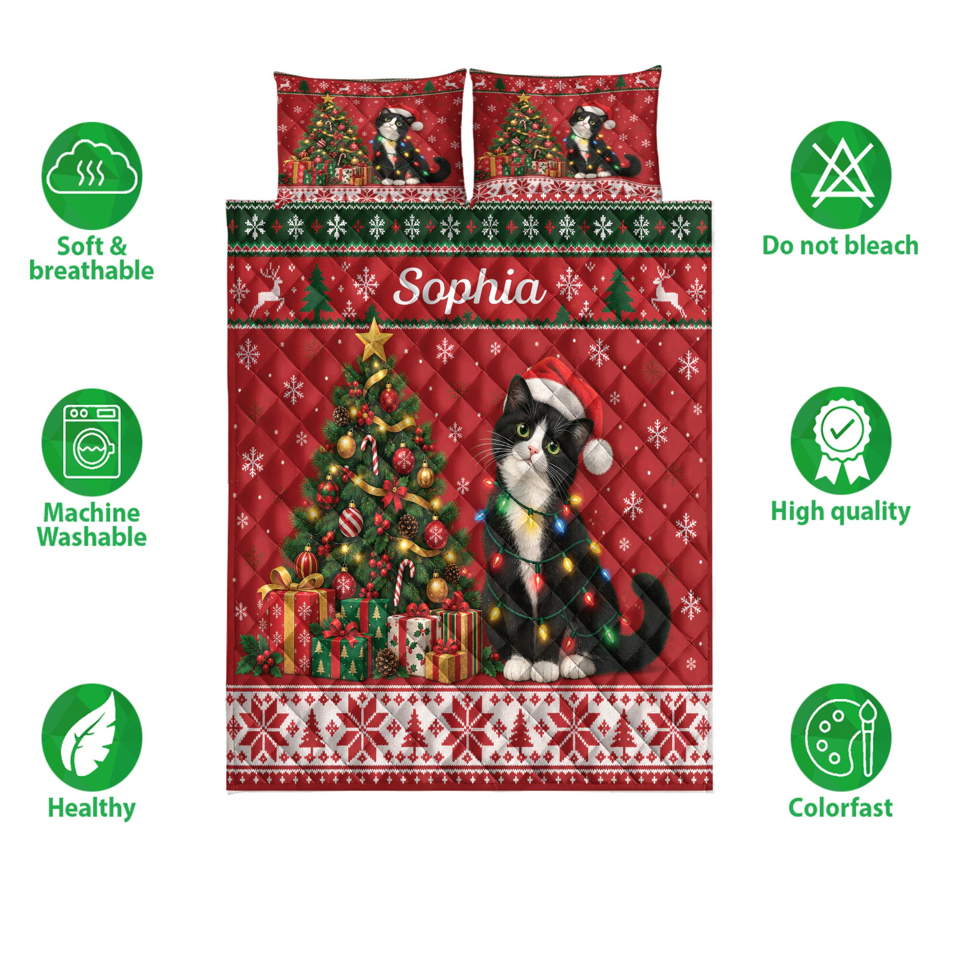 Tuxedo cat quilt bedding set shown front-facing with Christmas lights, snowflakes, bells, and decorative trees
