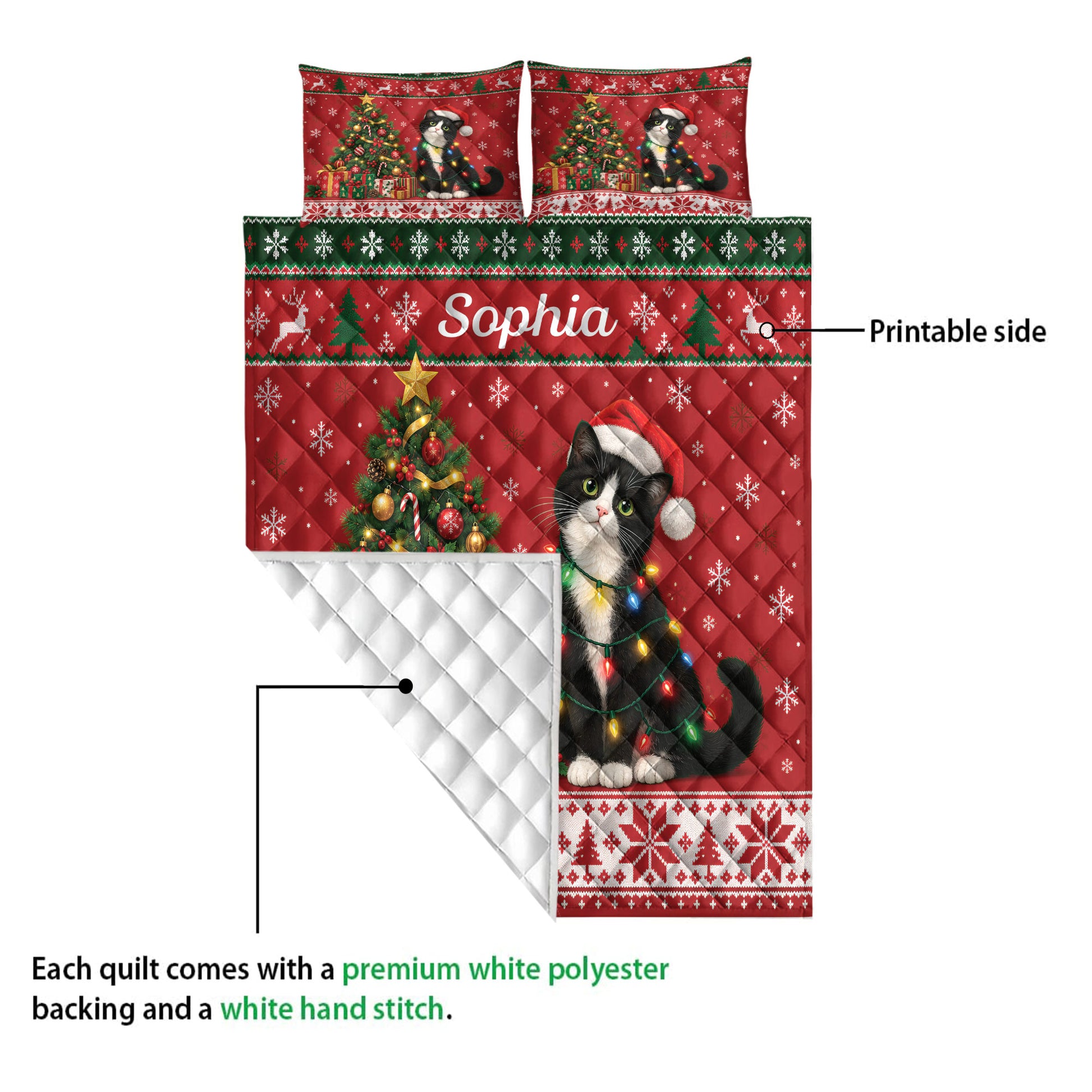 Tuxedo cat quilt showing the printed side and white quilted backing with Christmas-themed artwork