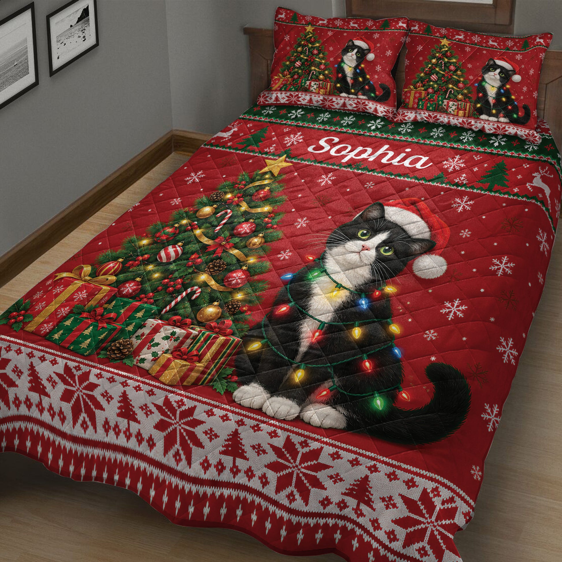 Close bedroom view of a black tuxedo cat quilt blanket with Santa hat, glowing lights, snowflakes, and holiday patterns