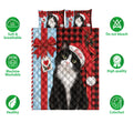 Tuxedo cat Christmas quilt bedding set shown with festive tree artwork, red snowflakes, and product feature icons