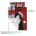 Tuxedo cat Christmas quilt shown with its printed front and white quilted backing detail