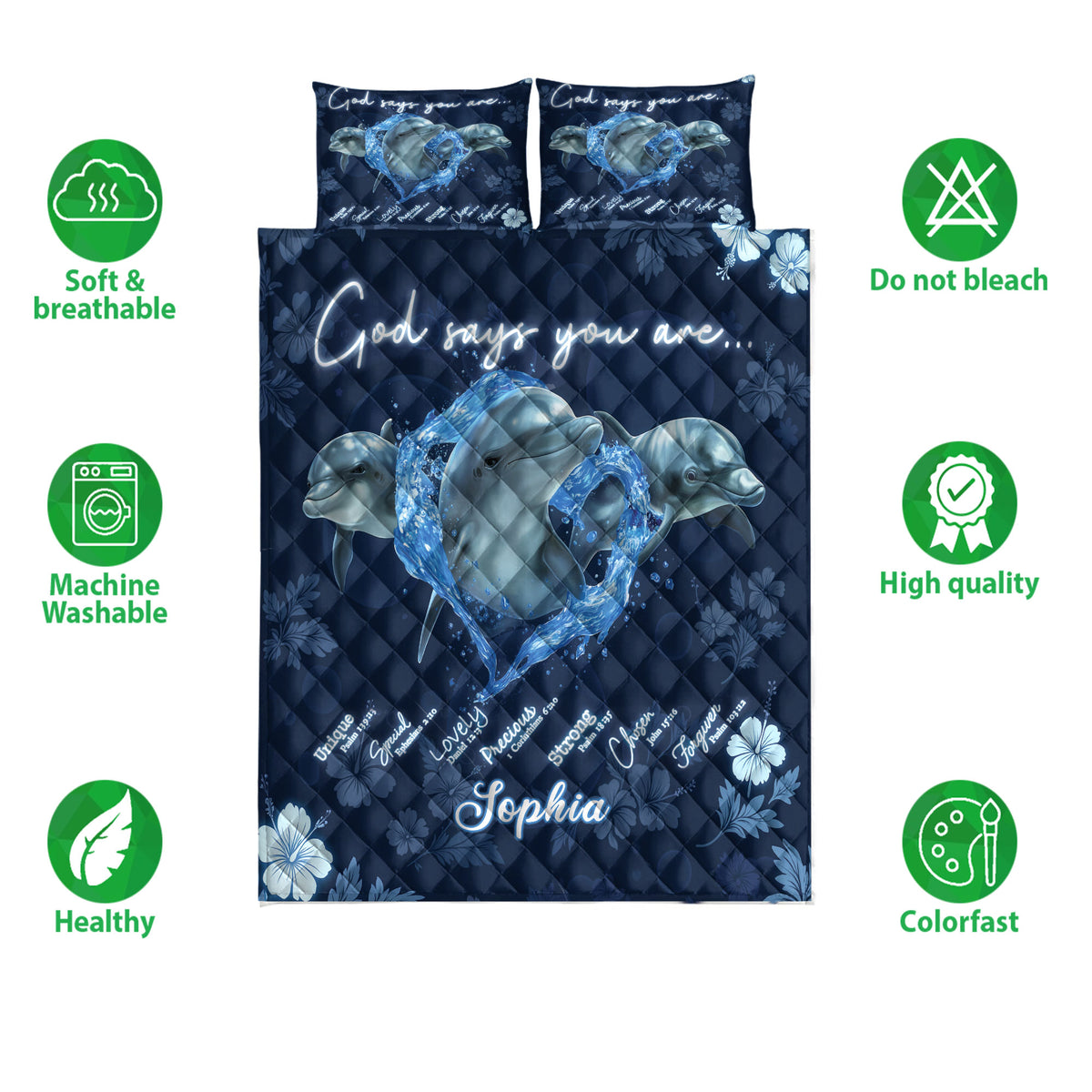 Dolphin quilt bedding set shown front-facing with navy floral artwork and soft breathable bedding feature icons