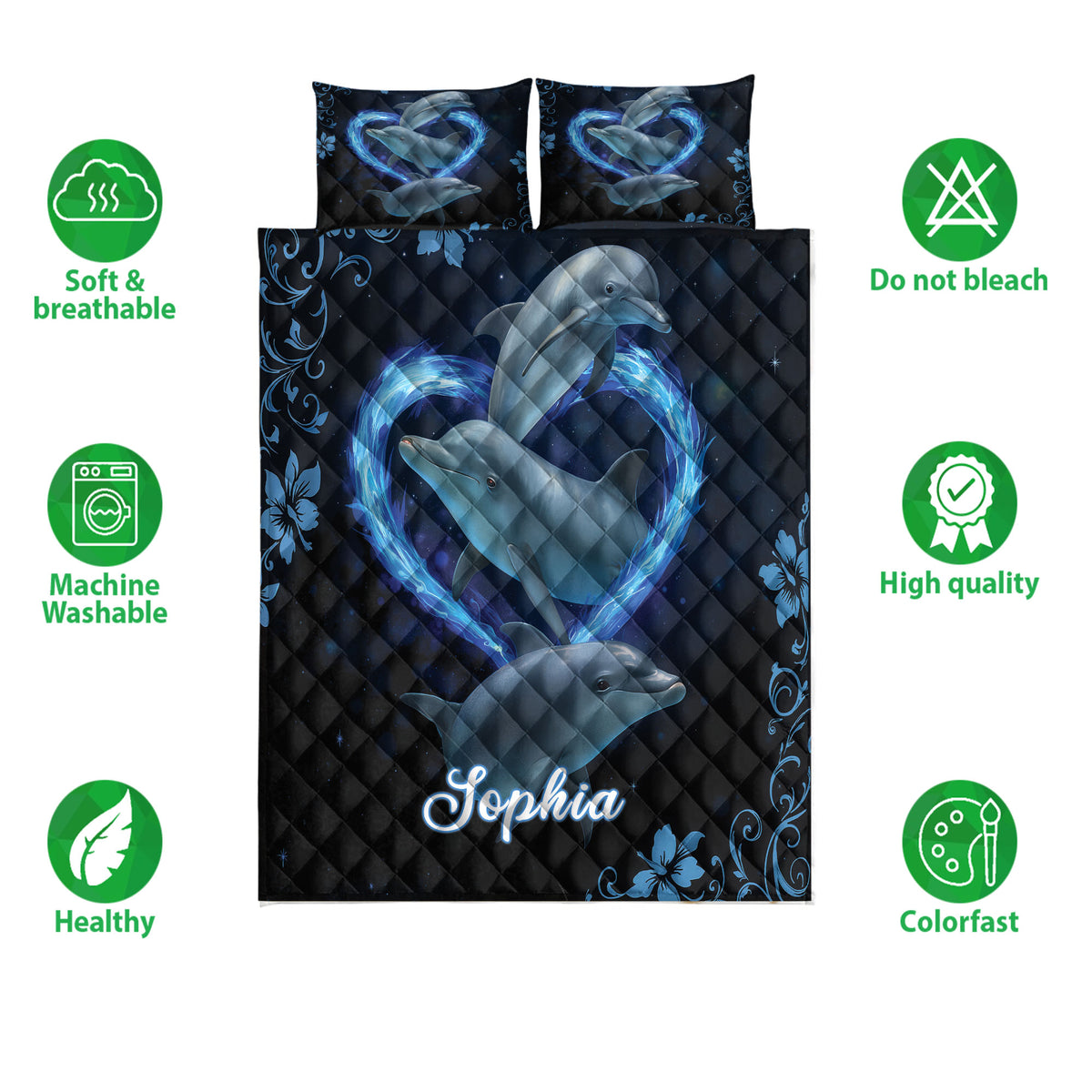 Dolphin quilt bedding set displayed with matching patterned pillowcases and a dark blue ocean-inspired design