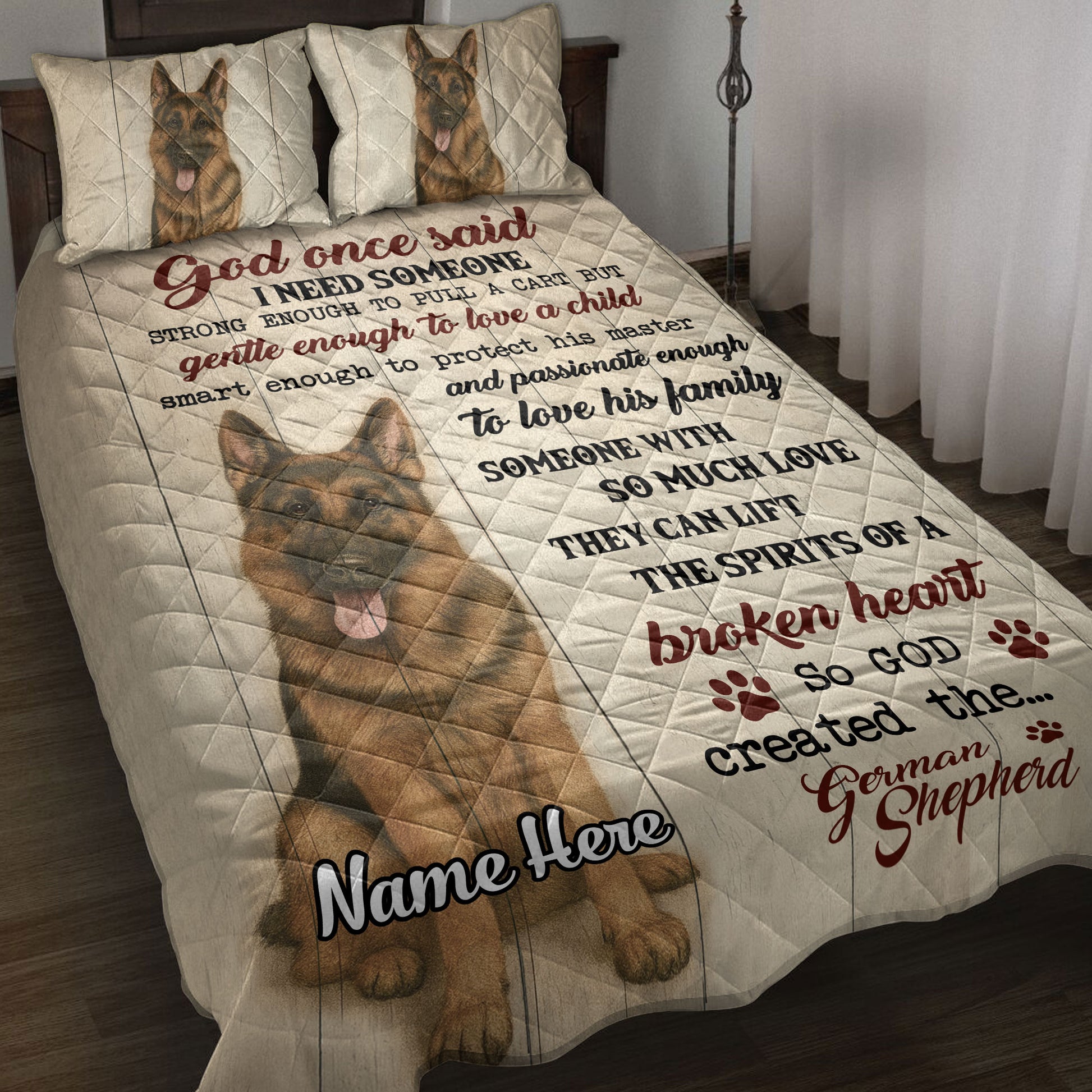 German Shepherd quilt blanket displayed on a bed with portrait artwork, paw prints, and a faith-inspired message