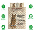 German Shepherd quilt bedding set shown frontally with matching dog artwork and product feature icons