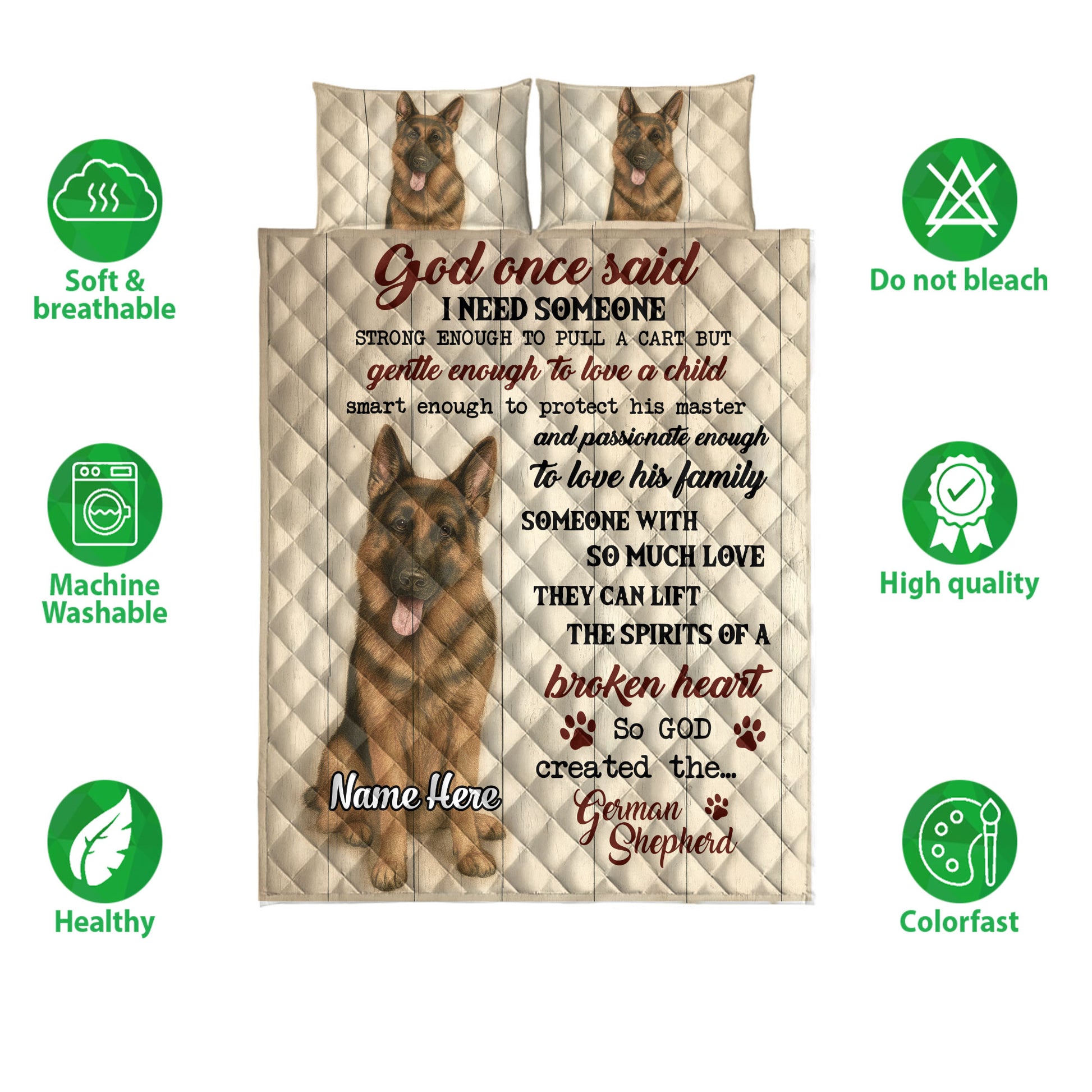 German Shepherd quilt bedding set shown frontally with matching dog artwork and product feature icons